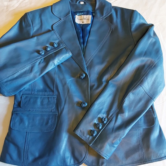 Pamela‎ McCoy Women's Size Medium Blue Button Down Soft Leather Jacket NWOT - Picture 2 of 10